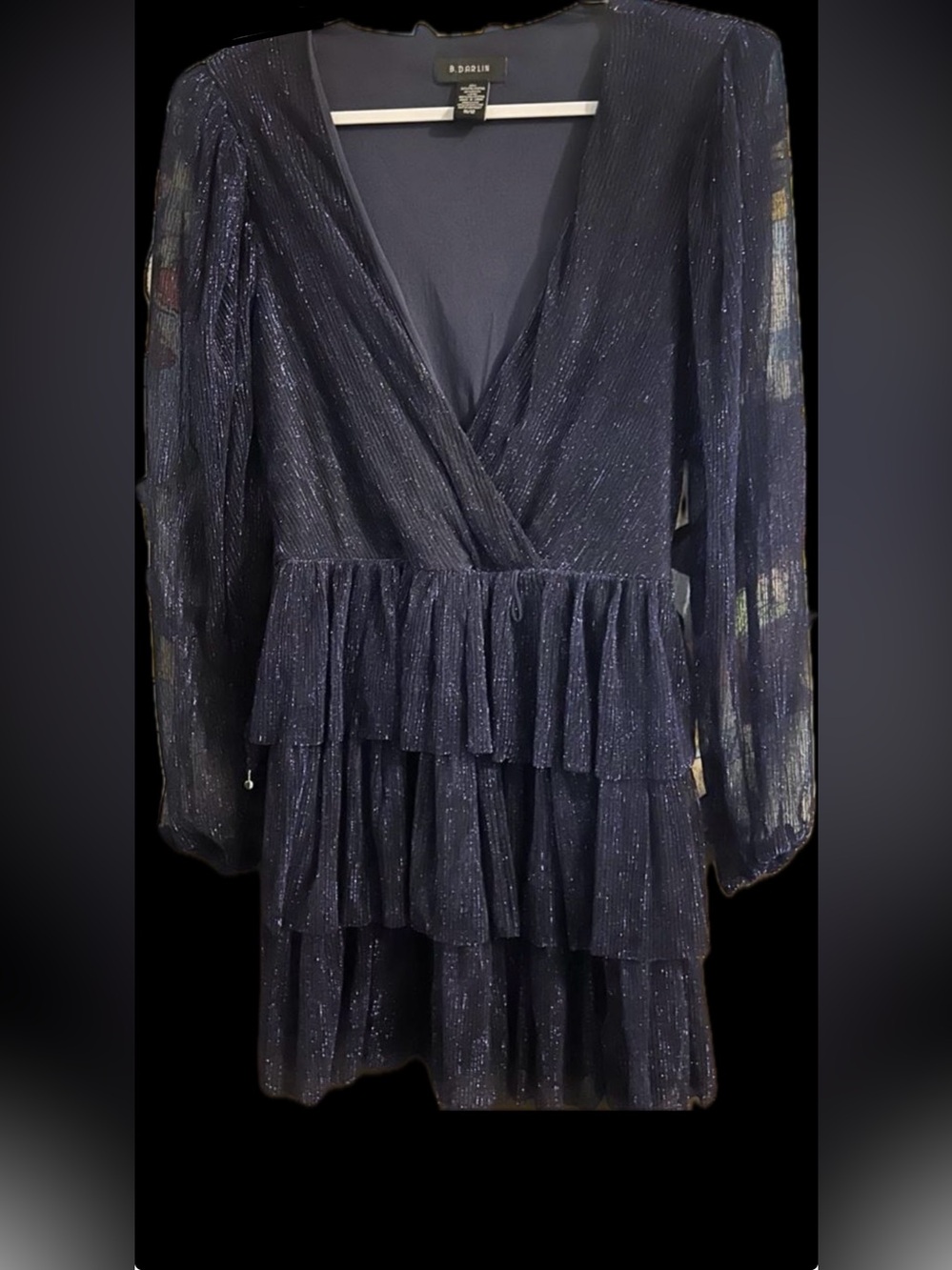 B Darlin Navy Metallic Tiered Wrap Tunic